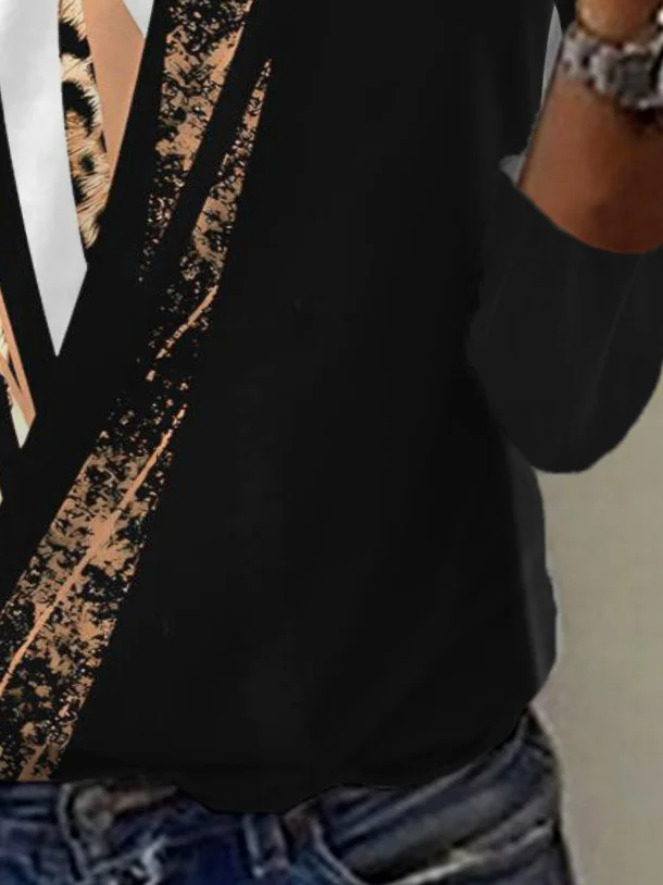 Leopard Print Long Sleeve V-Neck T-shirt