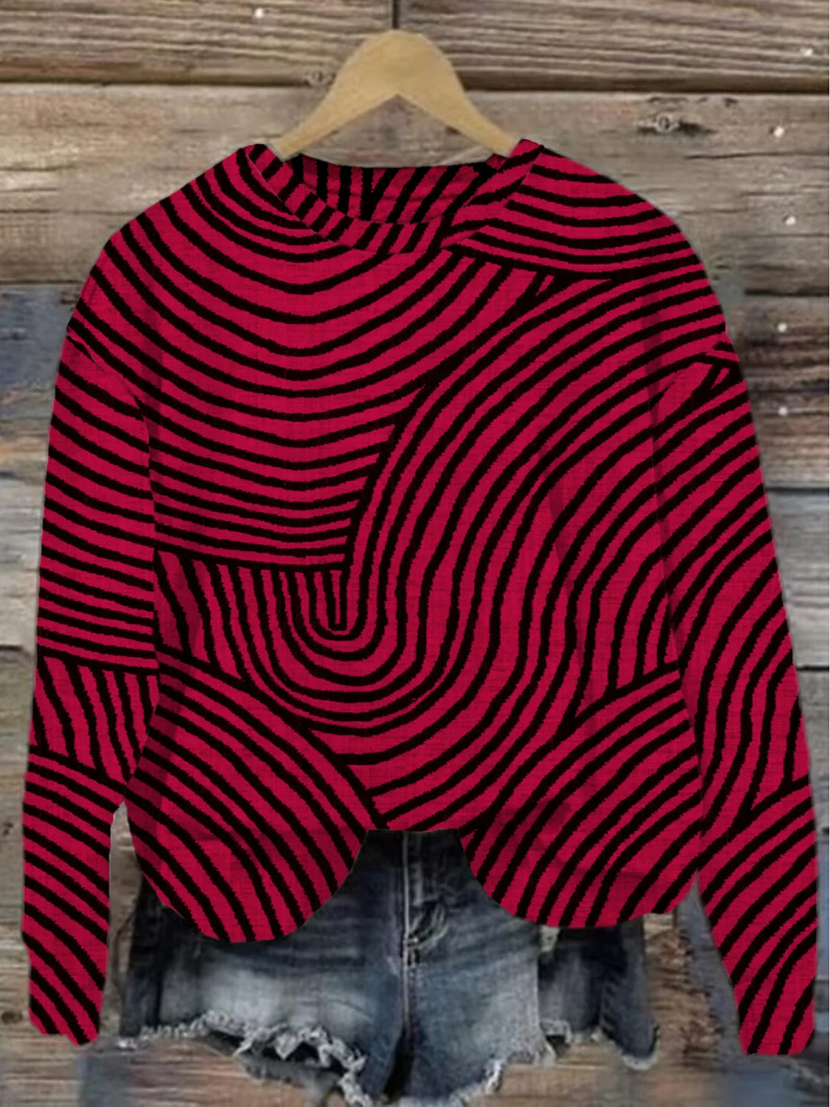 Crew Neck Abstract Stripes Loose Casual Sweatshirt