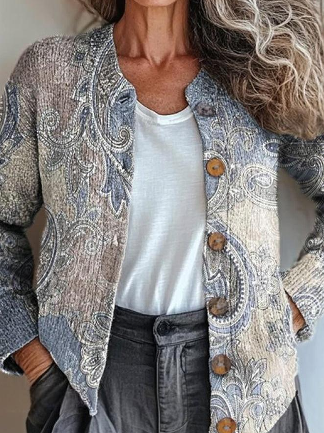 Women's Floral Art Pattern Print Buttoned Loose Knitted Casual Crew Neck Cardigan