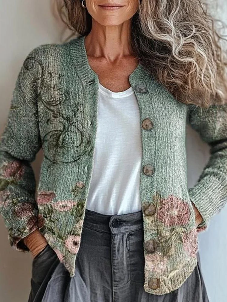 Women's Floral Art Pattern Print Buttoned Cardigan Sweater