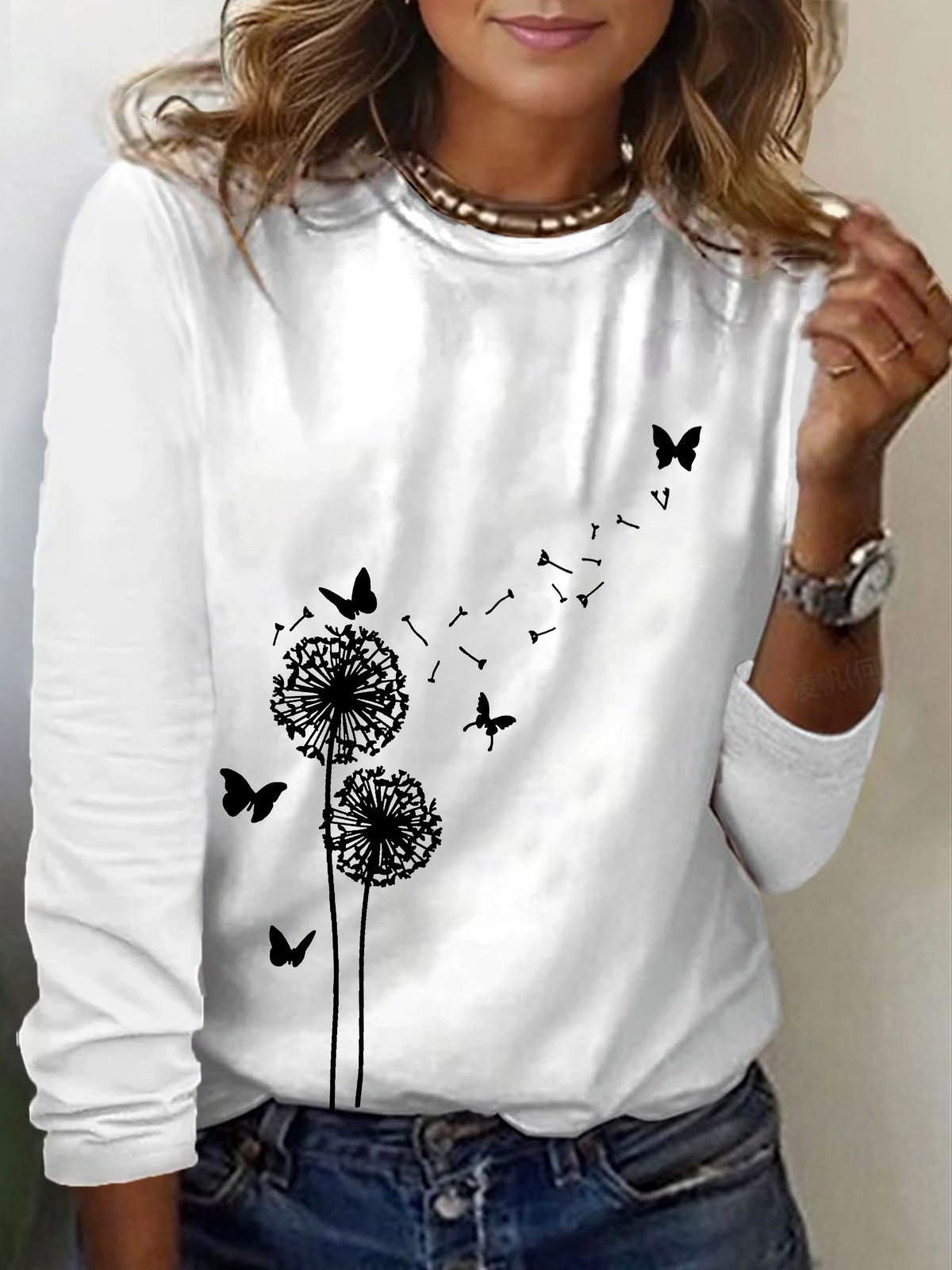 Dandelion Print Long Sleeve Crew Neck T-shirt