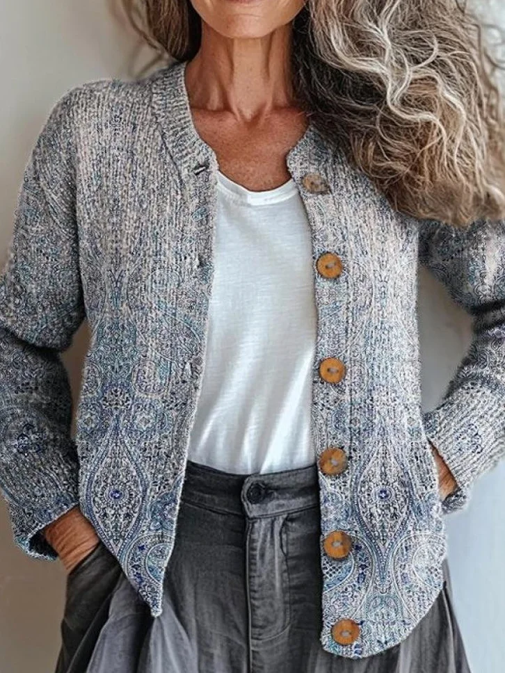 Ethnic Casual Crew Neck Knitted Cardigan