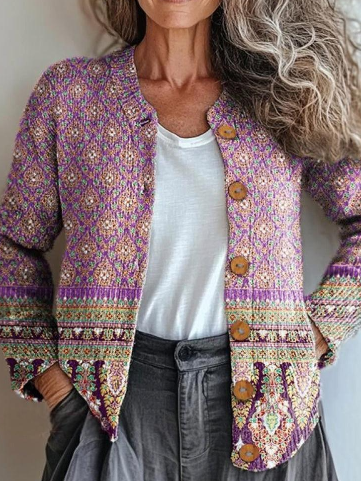 Crew Neck Casual 3D Printing Loose Cardigan