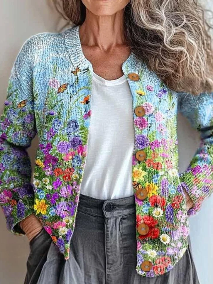 Crew Neck Loose Knitted Ethnic Cardigan