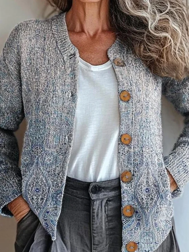 Ethnic Casual Crew Neck Knitted Cardigan