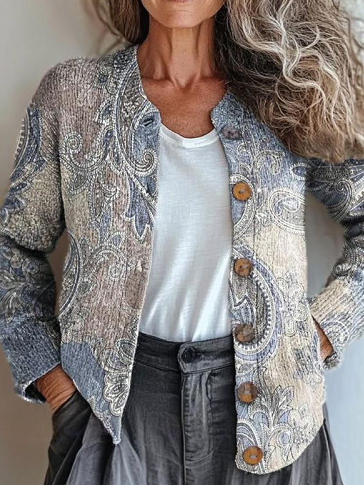 Women's Floral Art Pattern Print Buttoned Loose Knitted Casual Crew Neck Cardigan