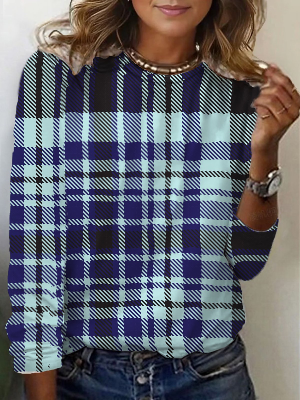 Plaid Print Long Sleeve Crew Neck T-shirt