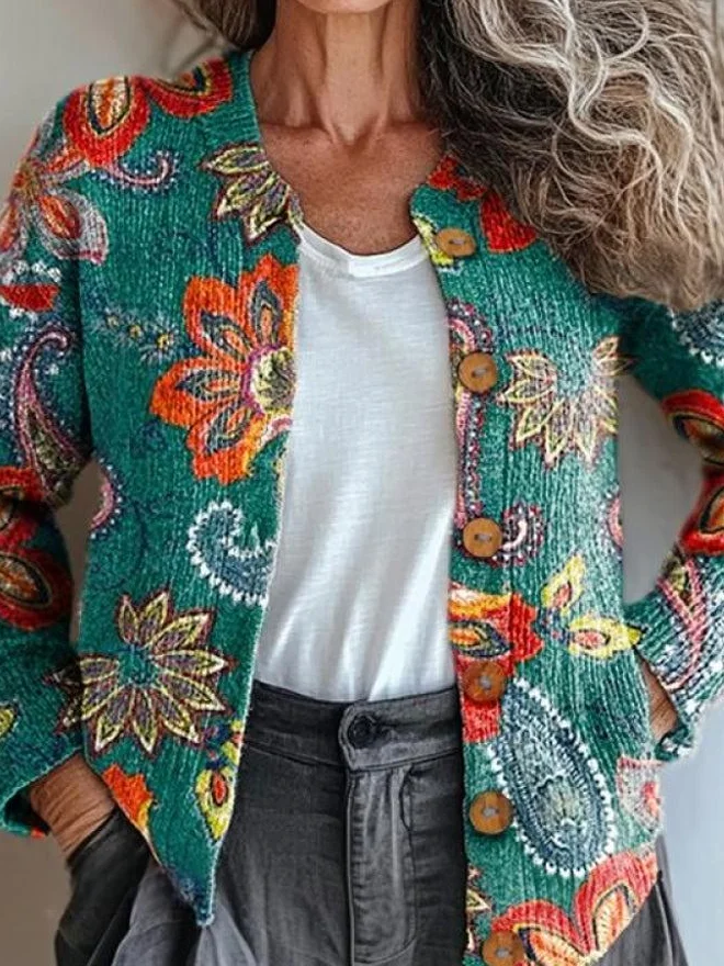 Paisley Crew Neck Loose Ethnic Cardigan