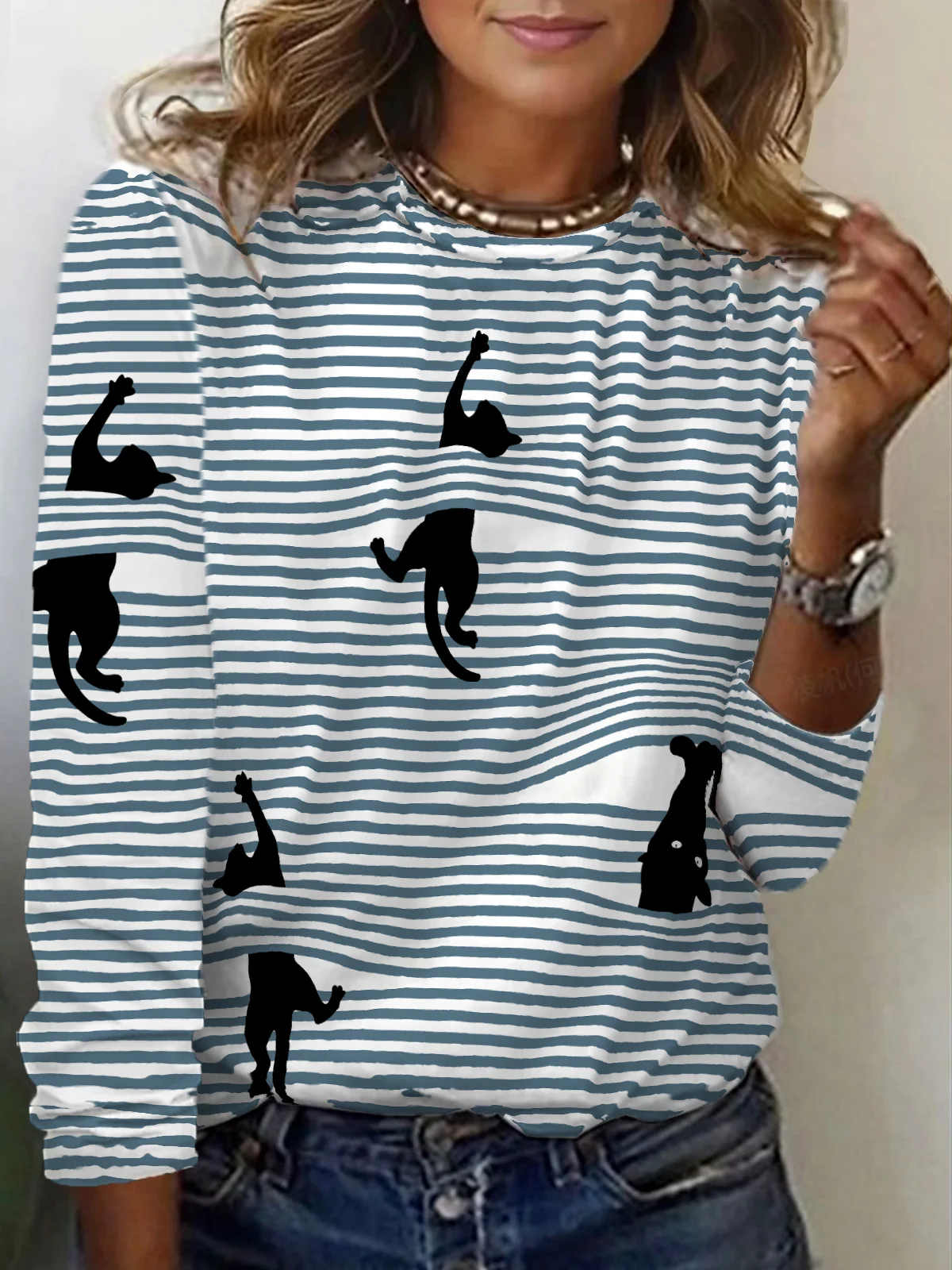 Striped Cat Print Long Sleeve Crew Neck T-shirt