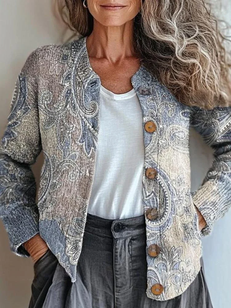 Women's Floral Art Pattern Print Buttoned Loose Knitted Casual Crew Neck Cardigan