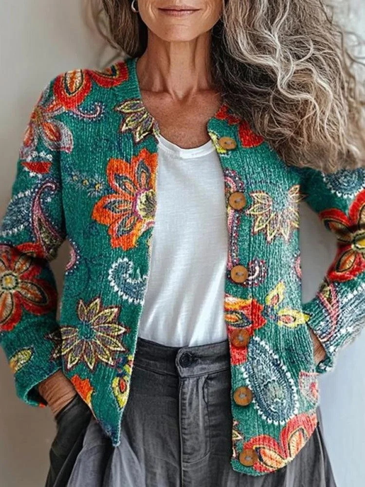 Paisley Crew Neck Loose Ethnic Cardigan