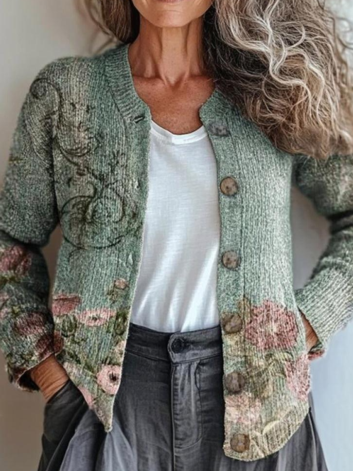 Women's Floral Art Pattern Print Buttoned Cardigan Sweater