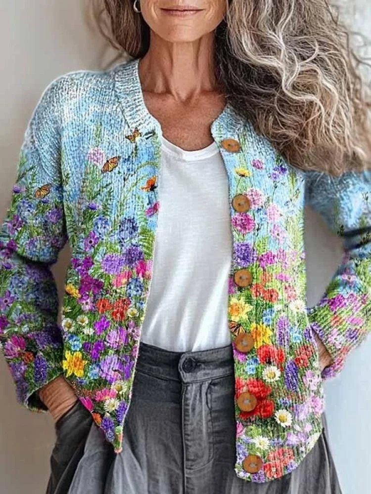 Crew Neck Loose Knitted Ethnic Cardigan