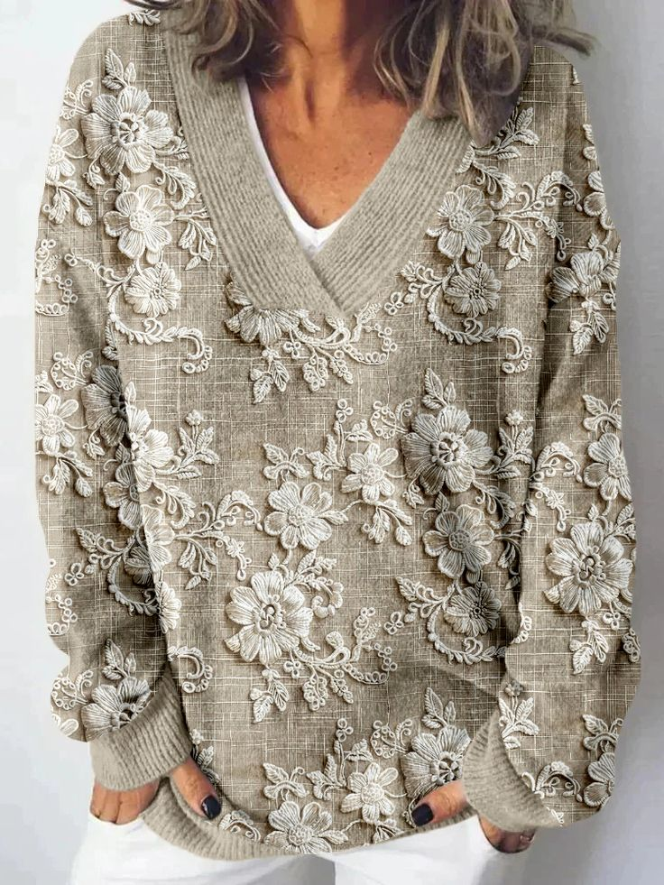 V Neck Loose Floral Casual Sweatshirt