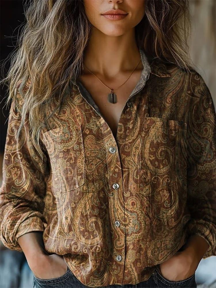 Paisley Shawl Collar Loose Casual Shirt