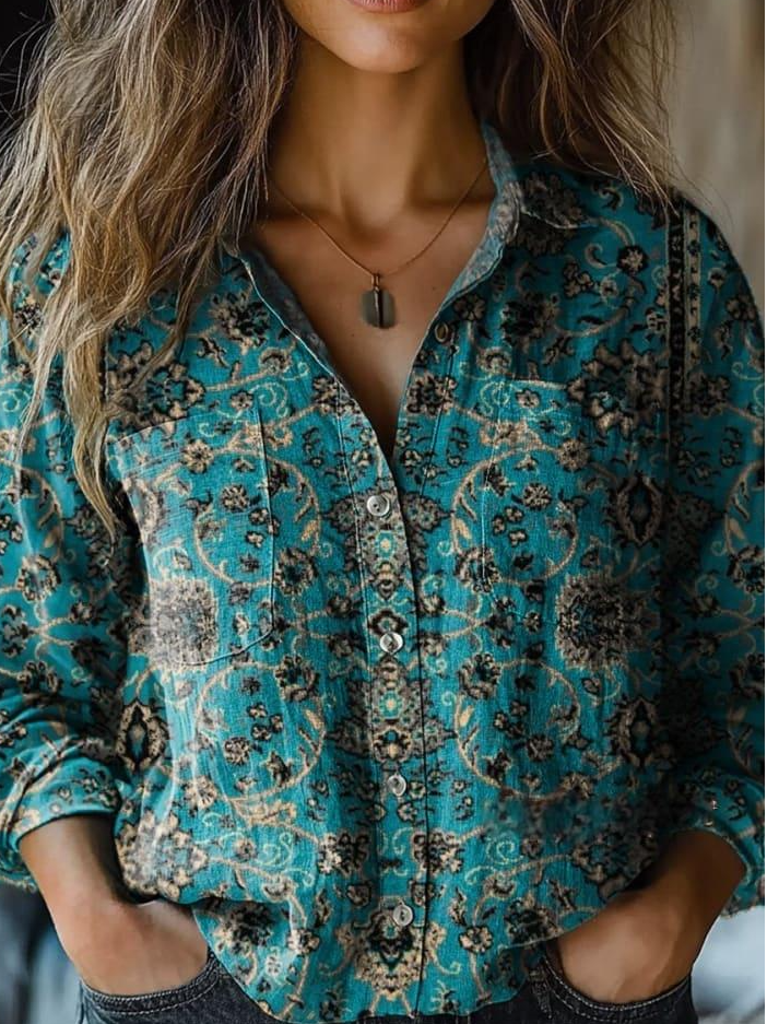 Retro Floral Totem Print Casual Long Sleeve Comfortable Cotton Shirt