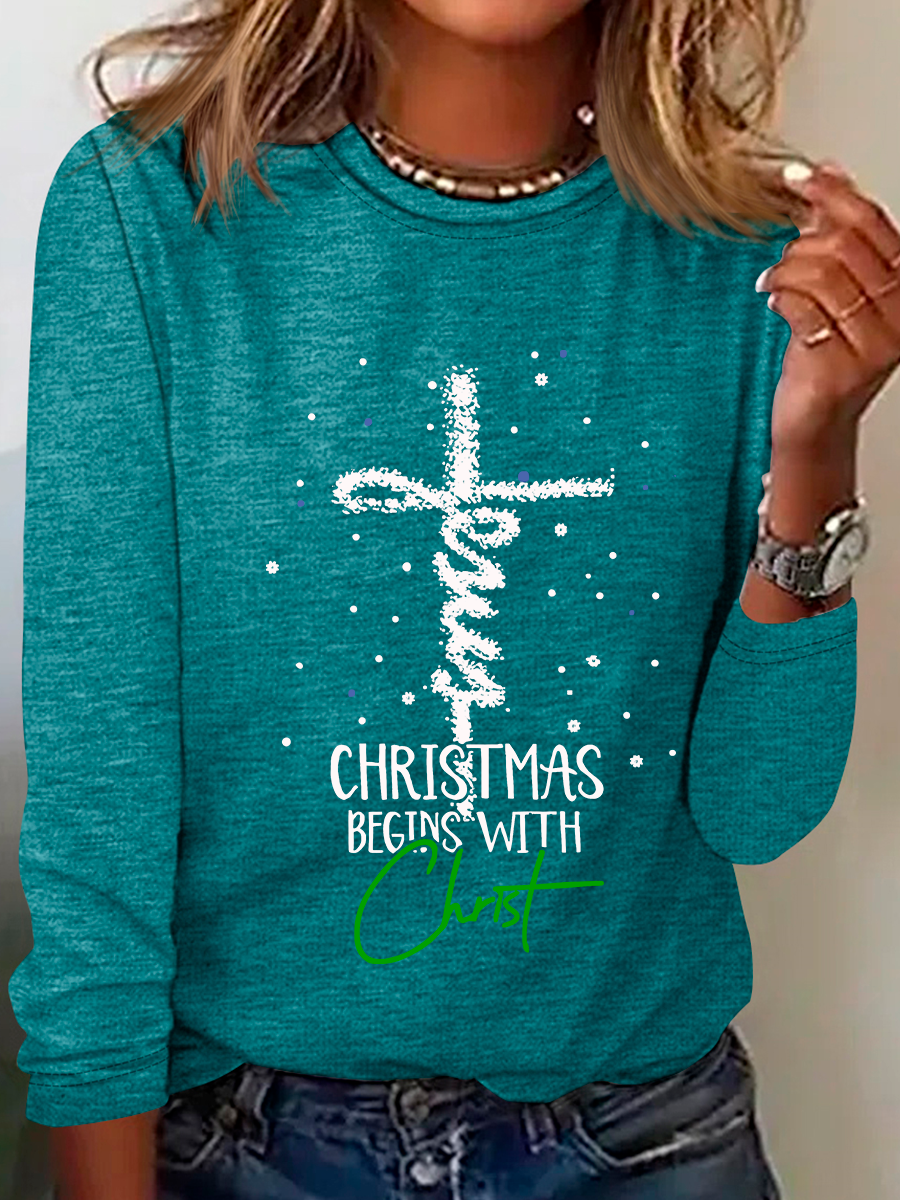 Christmas Begins With Christ Snowman Print Casual Long Sleeve Shirt