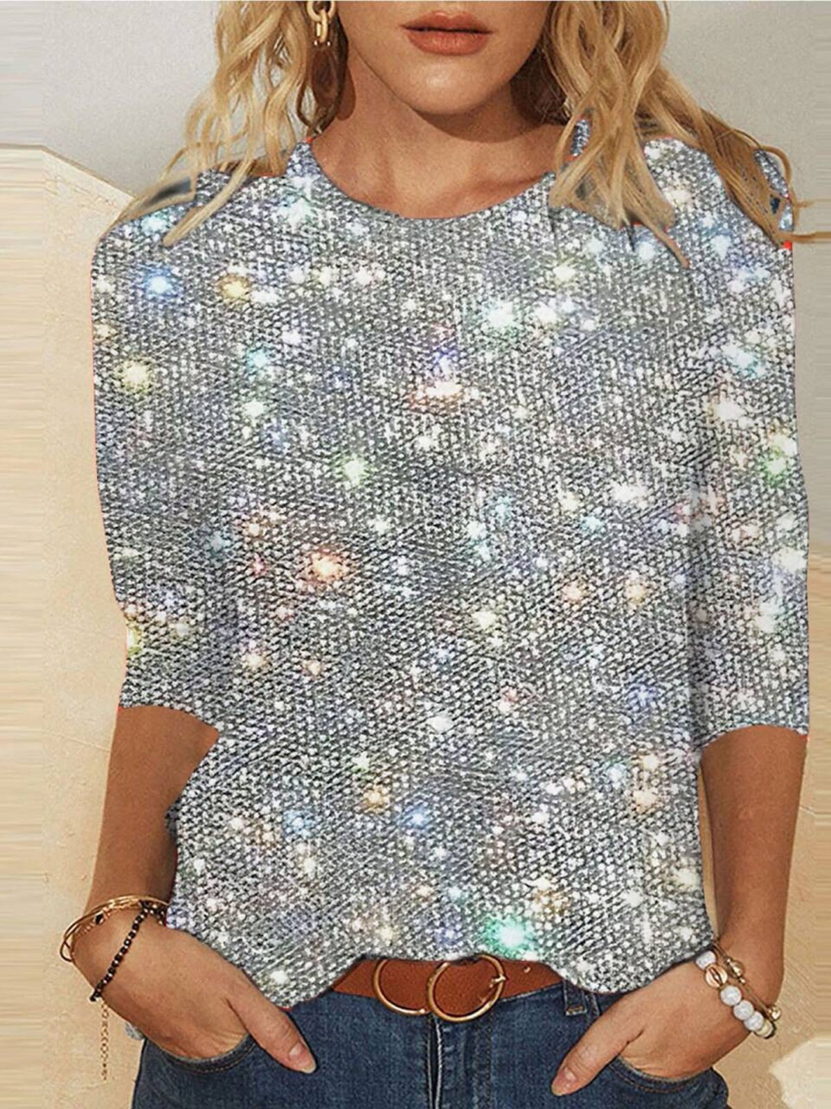 Women's Long Sleeve T-shirt Spring/Fall Silver Geometric Glitter Crew Neck Daily Going Out Casual Top