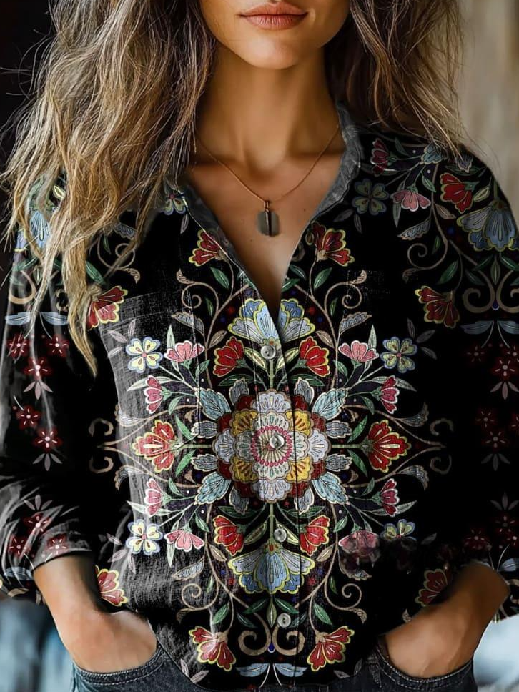 Shawl Collar Loose 3D Printing Ethnic Shirt