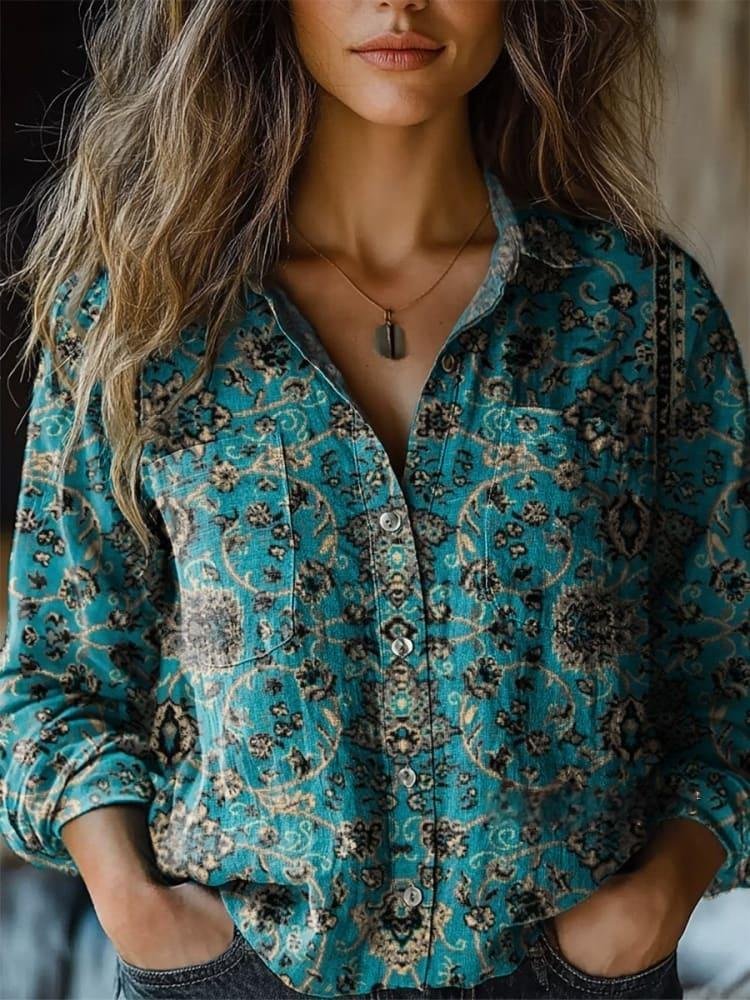 Retro Floral Totem Print Casual Long Sleeve Comfortable Cotton Shirt