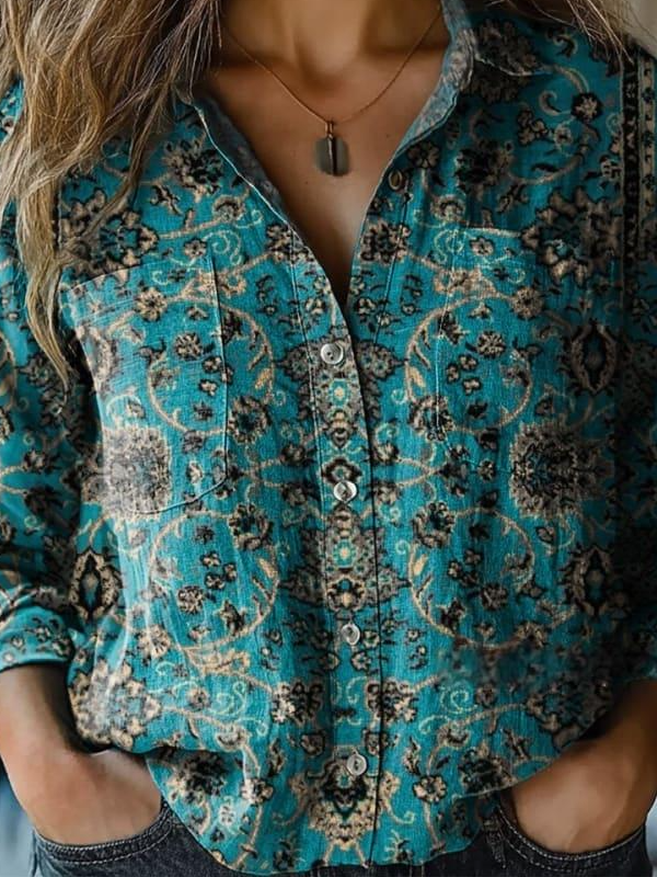 Retro Floral Totem Print Casual Long Sleeve Comfortable Cotton Shirt