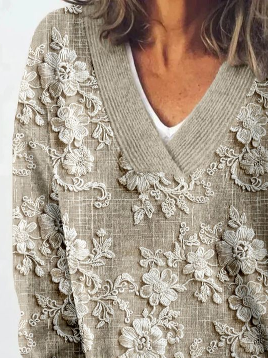 V Neck Loose Floral Casual Sweatshirt