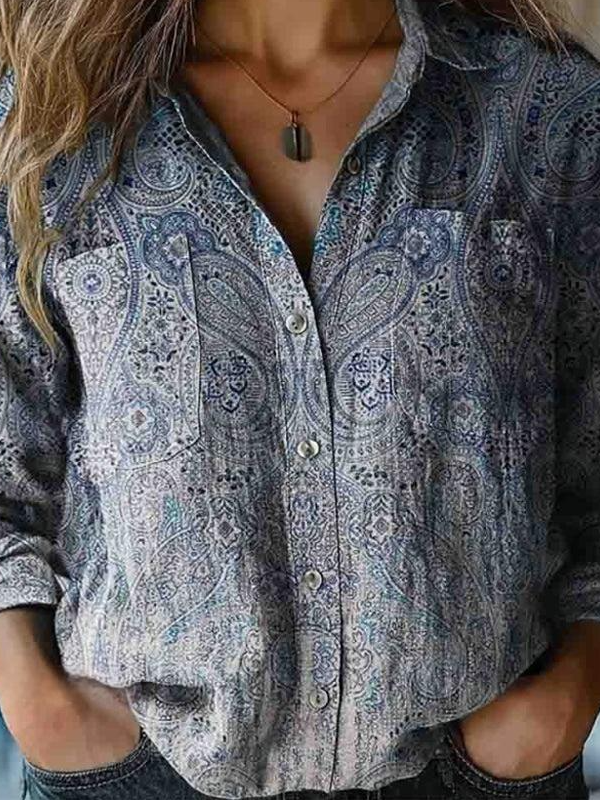 Women's Retro Floral Totem Print Casual Long Sleeve Comfortable Cotton Shirt