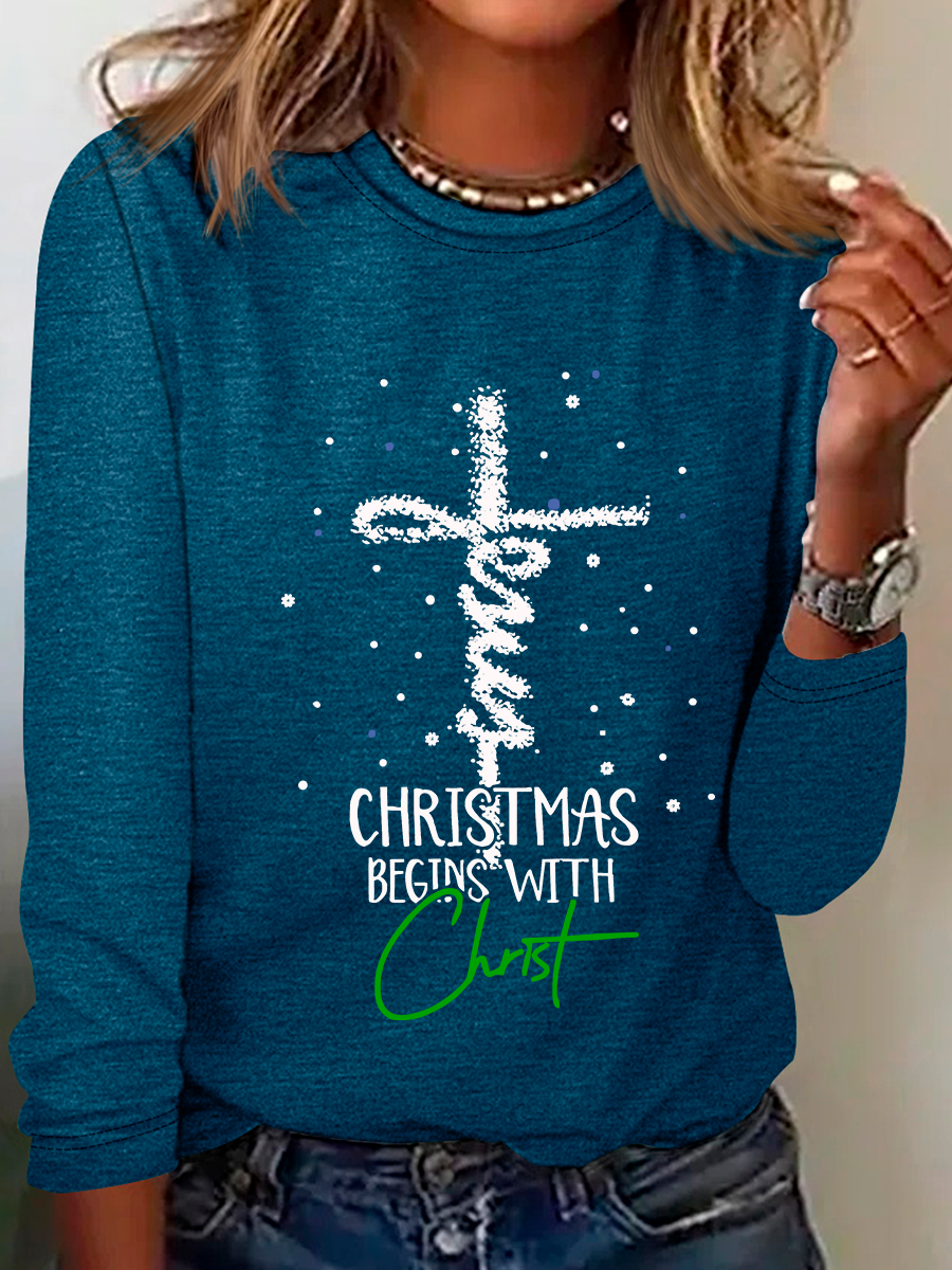 Christmas Begins With Christ Snowman Print Casual Long Sleeve Shirt