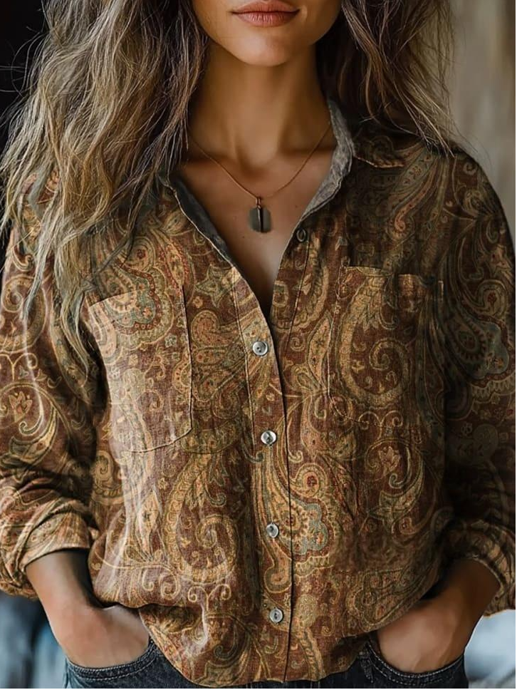 Paisley Shawl Collar Loose Casual Shirt