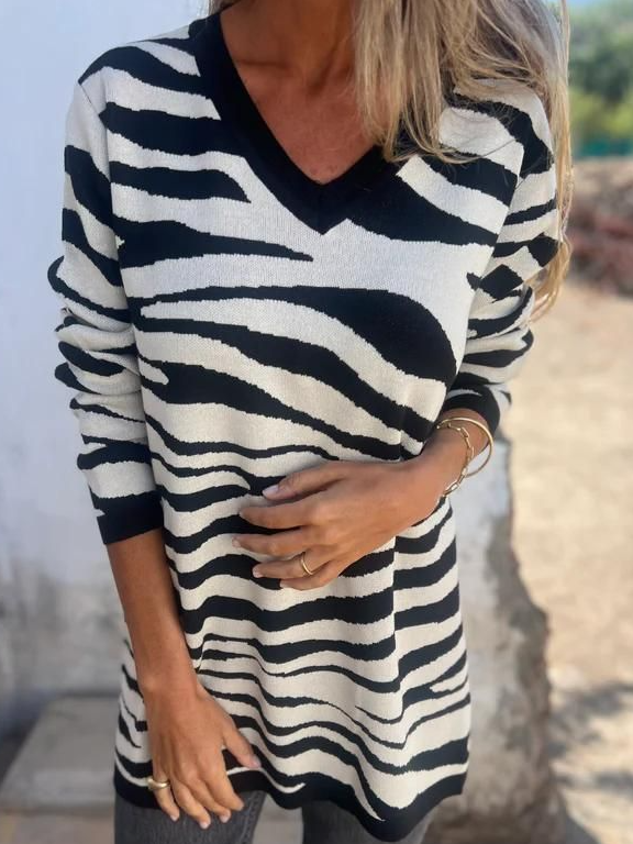 Casual Zebra Print Long Sleeve V-Neck Sweatshirt