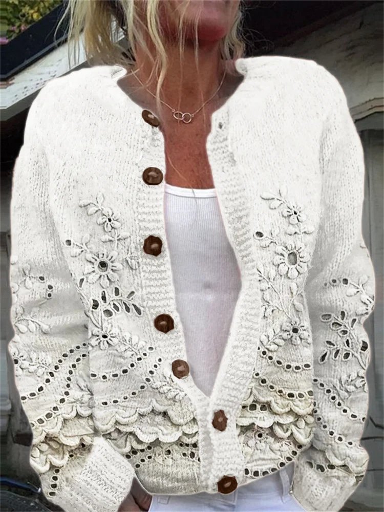 Crew Neck Casual Loose 3D Printing Cardigan