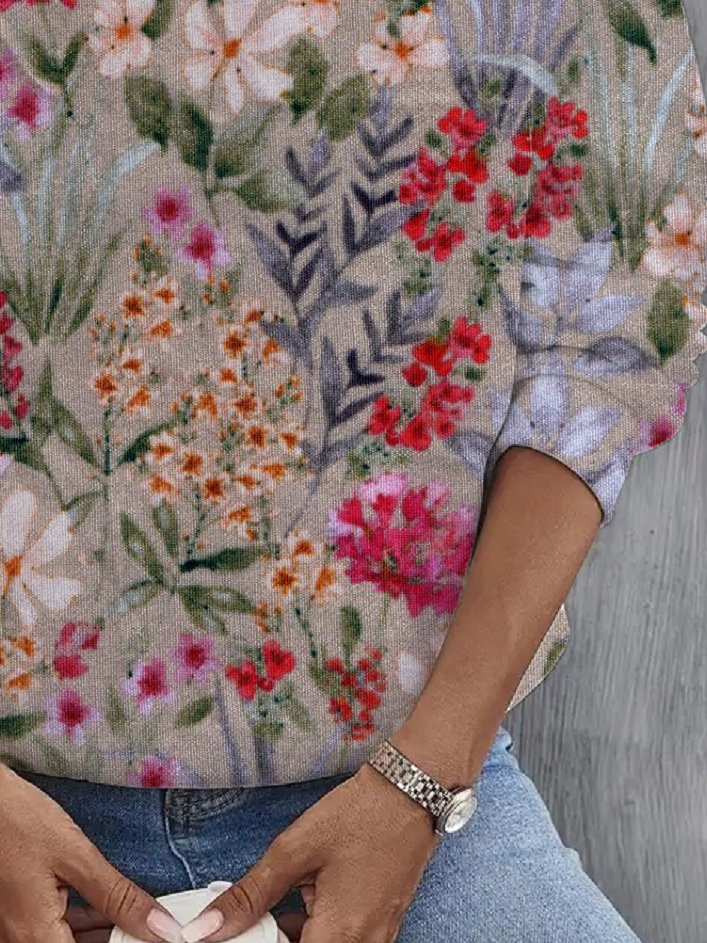 Casual Crew Neck Floral Sweatshirt