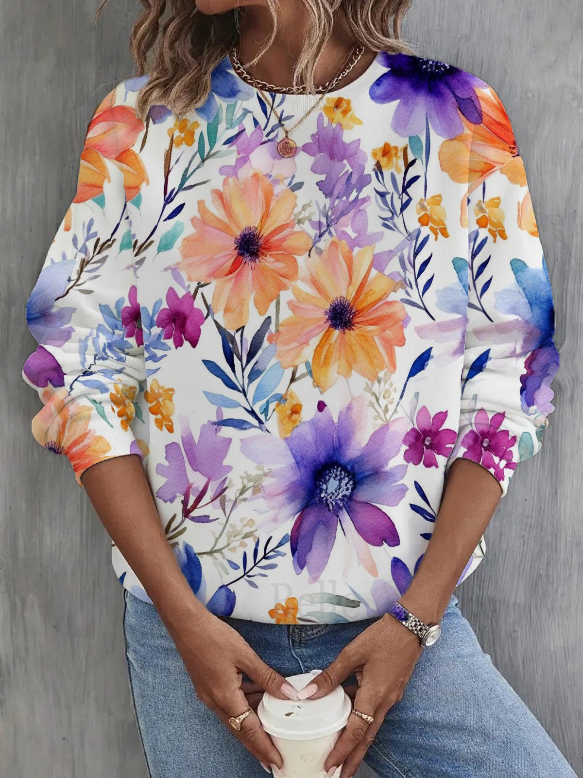 Casual Floral Pattern Cotton Sweatshirt