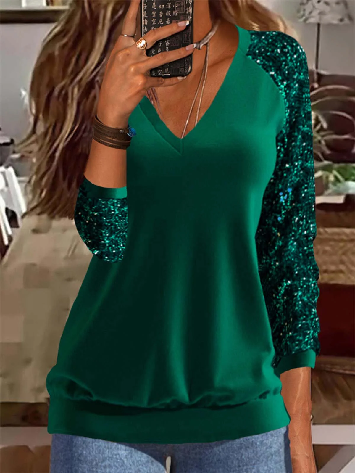 Women's Sequined Rhinestone Long Sleeve Casual Basic V-Neck Sweatshirt