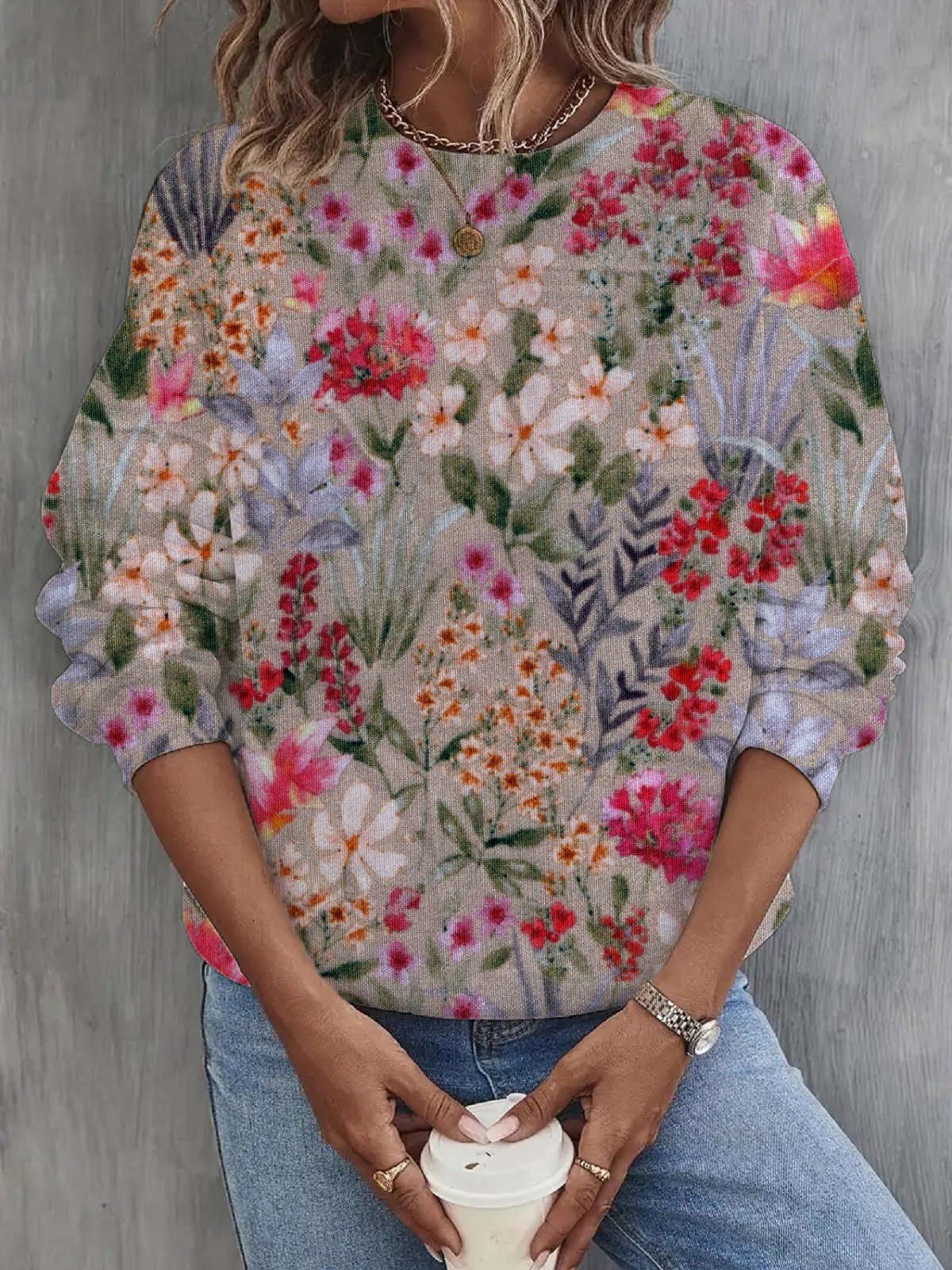 Casual Crew Neck Floral Sweatshirt