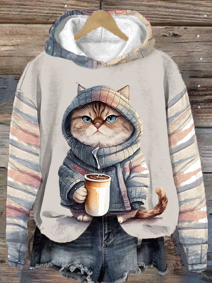 Women's Winter Funny Cute Wonderland Clothing Clipart Cat Coffee Printed Hooded Sweatshirt