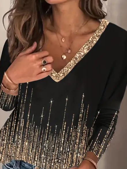 Women's Sequined Rhinestone Long Sleeve Casual Basic V Neck T-Shirt