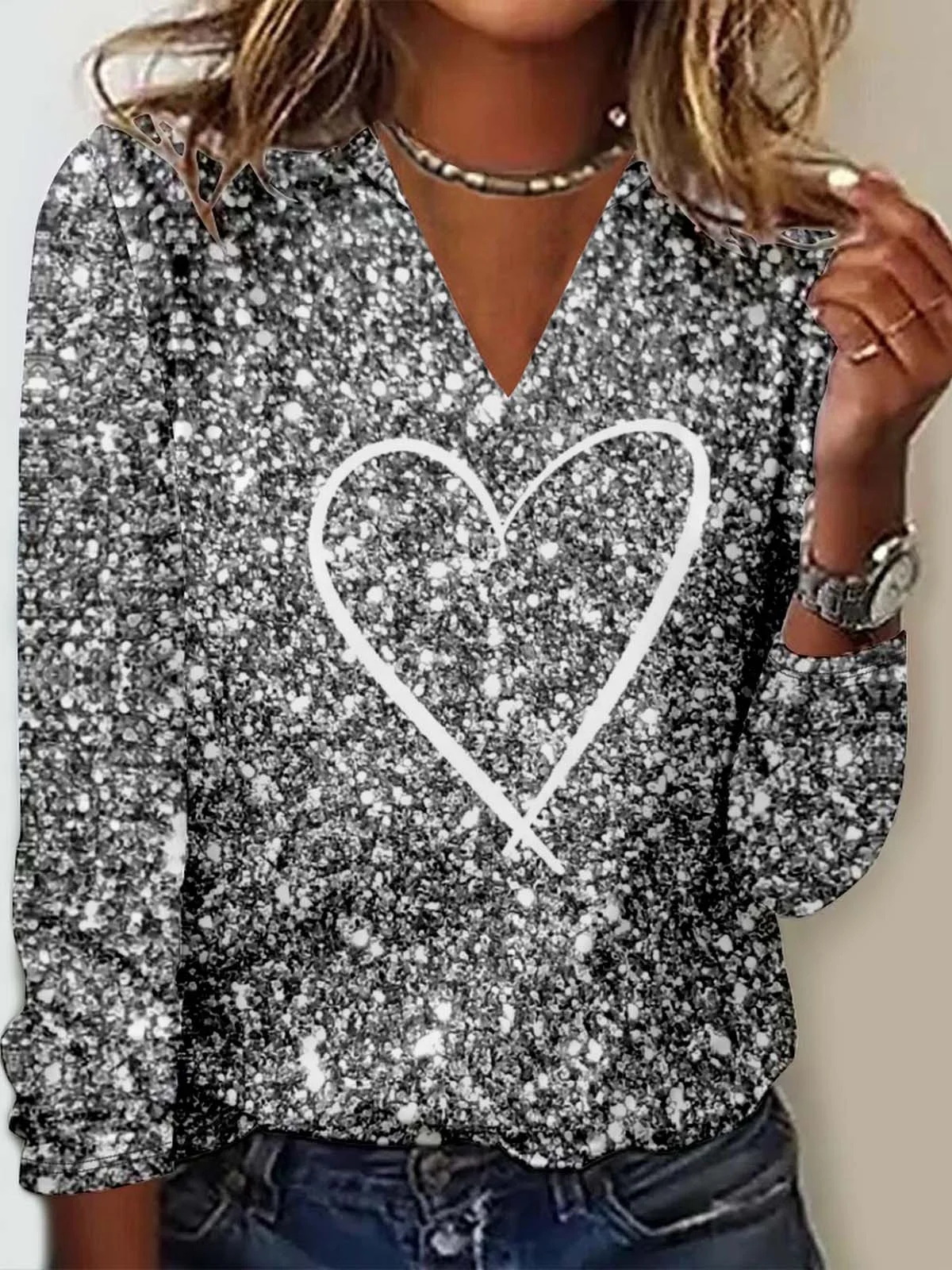 Print Casual V Neck Long Sleeve T-Shirt