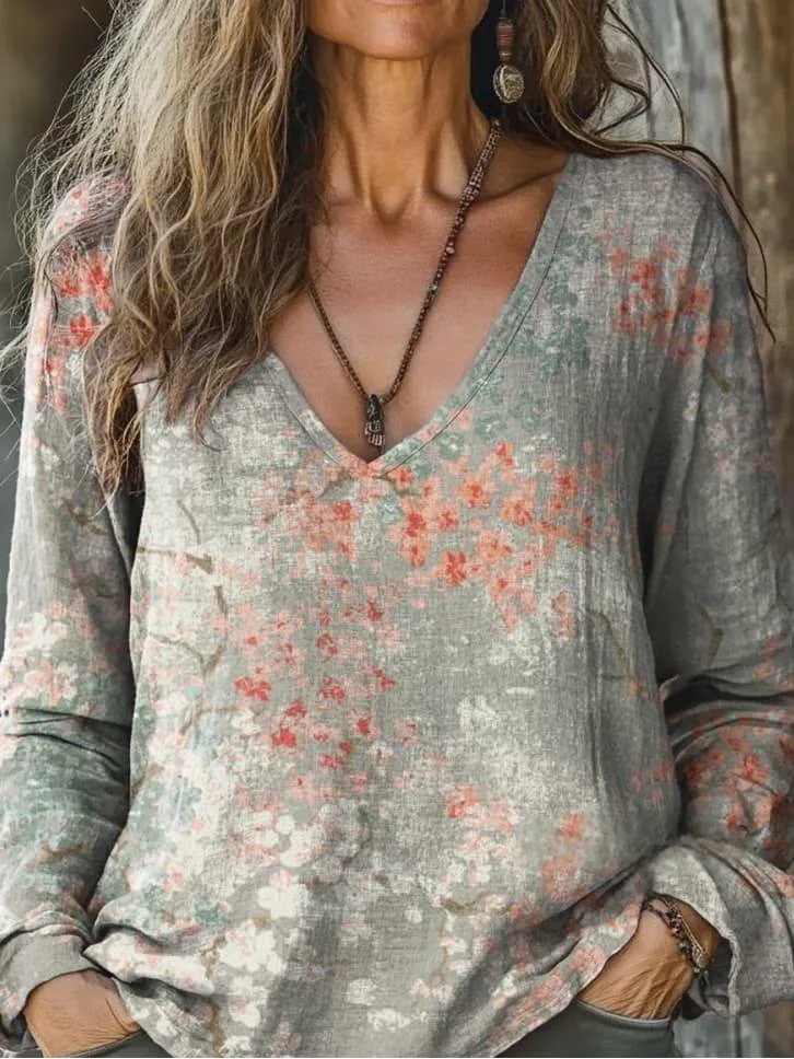 Boho Loose V Neck 3D Printing T-Shirt