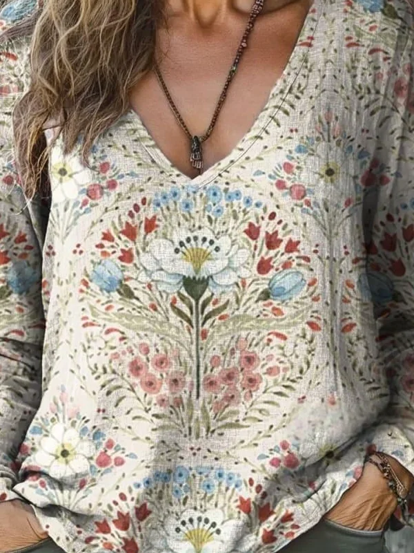 Ethnic Loose Boho V Neck T-Shirt