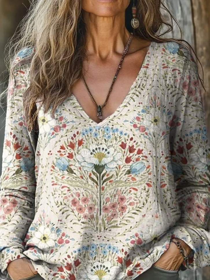 Ethnic Loose Boho V Neck T-Shirt