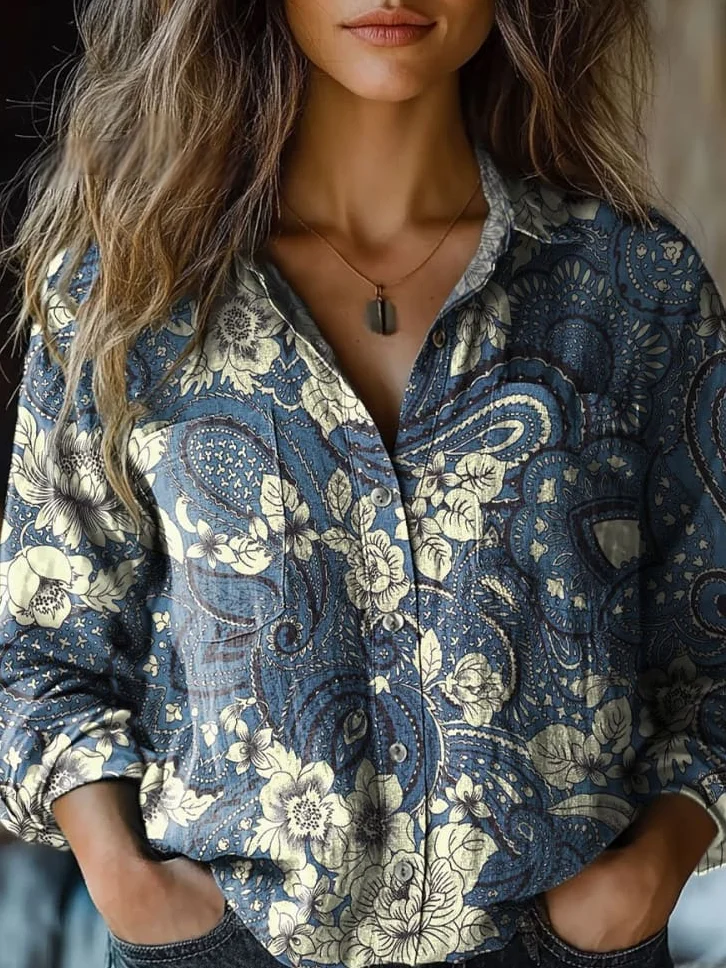 Shawl Collar Ethnic Ethnic Loose Shirt