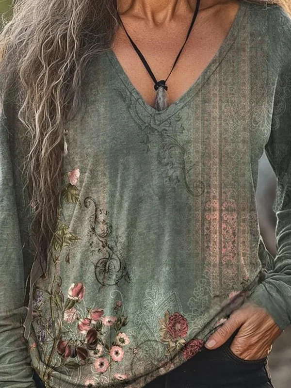 Ethnic Loose V Neck Boho T-Shirt