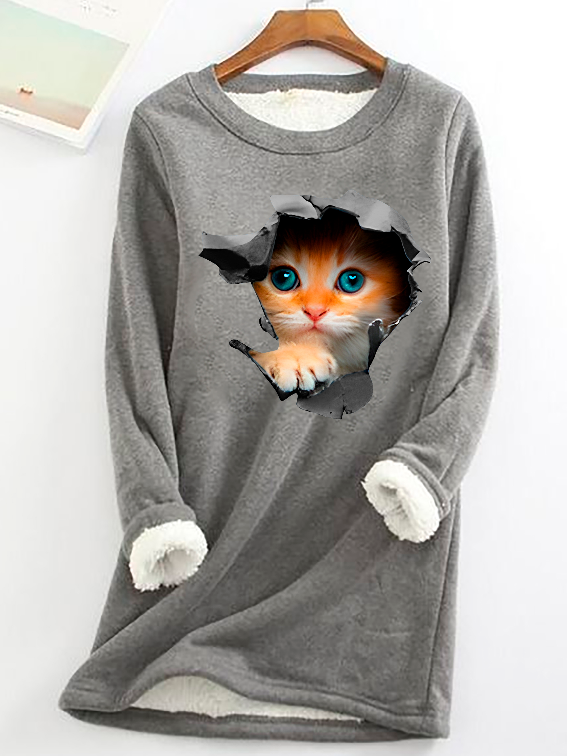 Cute Cat Casual Fluff Fleece Fabric Sweatshirt