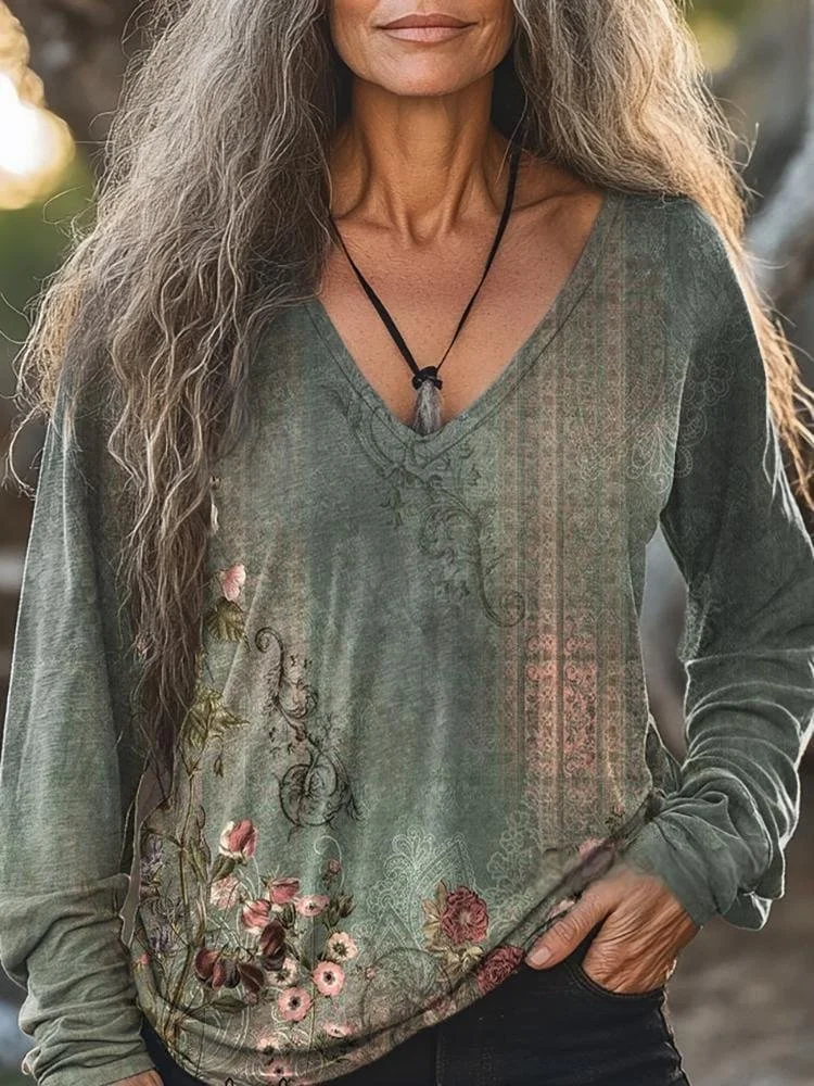 Ethnic Loose V Neck Boho T-Shirt