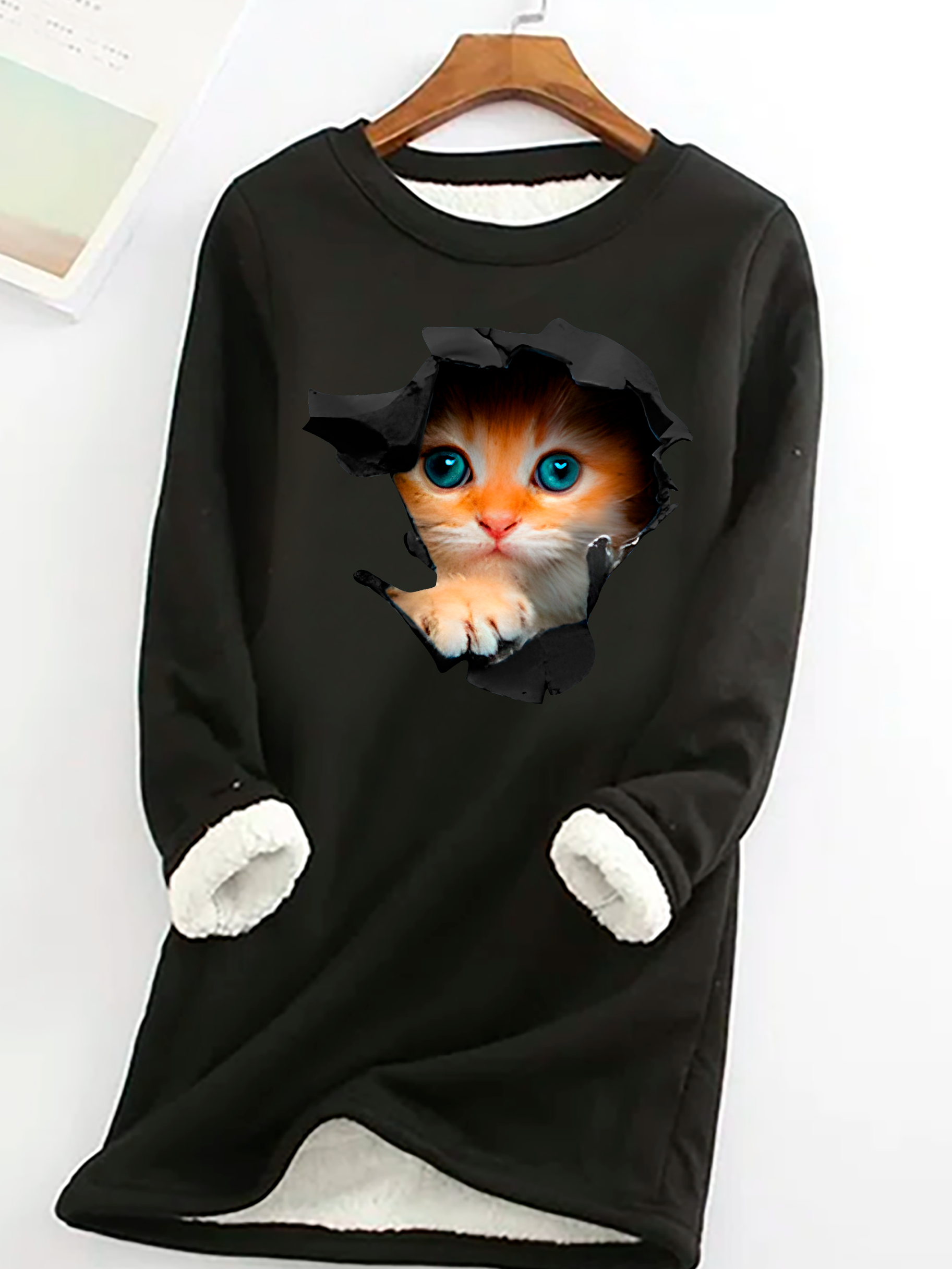 Cute Cat Casual Fluff Fleece Fabric Sweatshirt