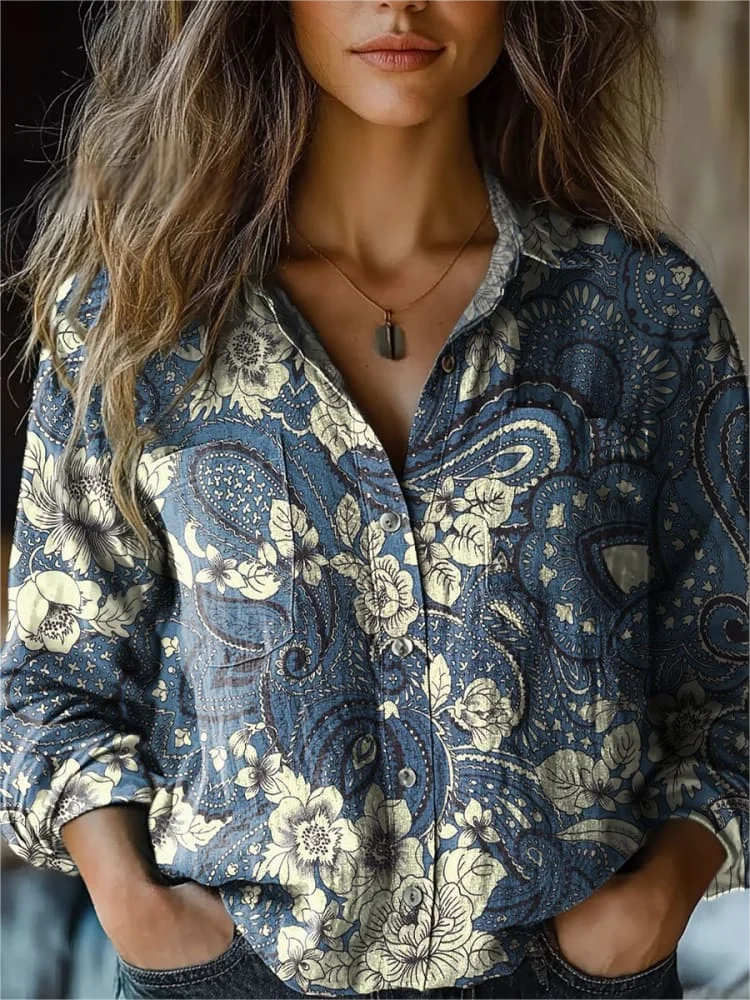 Shawl Collar Ethnic Ethnic Loose Shirt