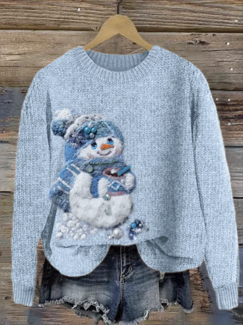 Christmas Snowman Beaded Felt Art Cozy Knit Sweater