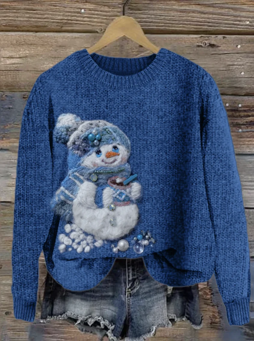 Christmas Snowman Beaded Felt Art Cozy Knit Sweater