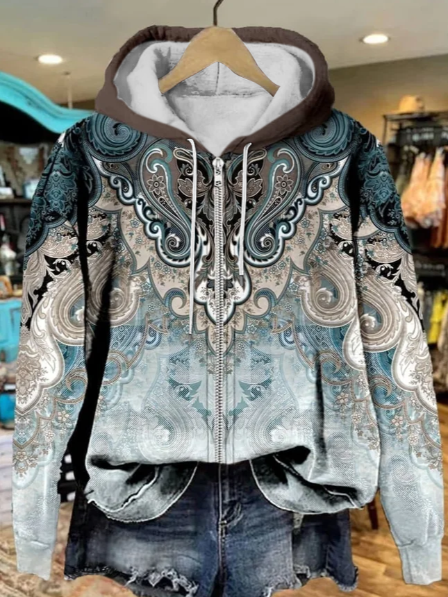 Women's Paisley Print Casual Zipper Sweatshirt Hoodie